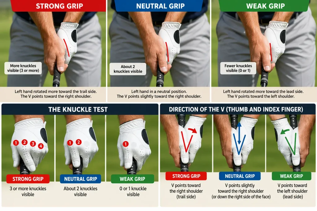 Strong vs weak golf grip comparison showing knuckle count and V direction