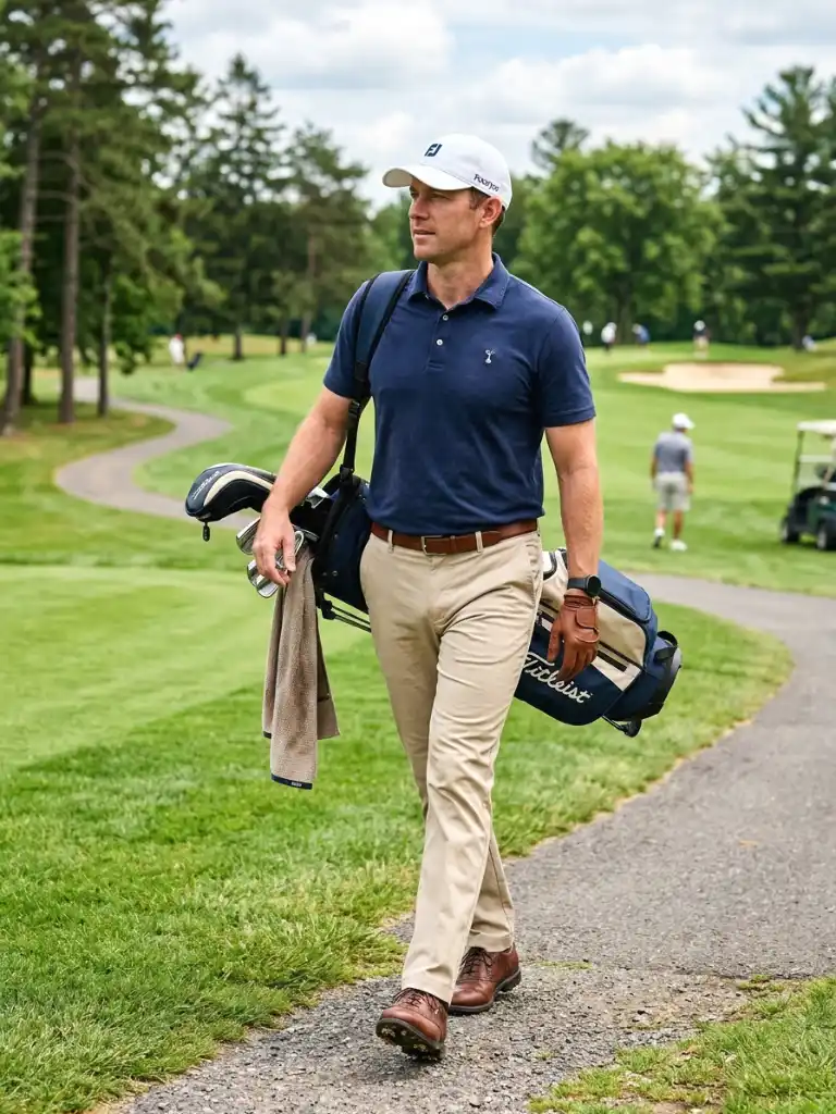 1. Beige Pants and Navy Polo