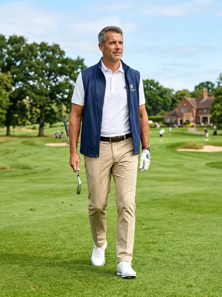 10. Beige Pants, White Polo, and a Navy Golf Vest