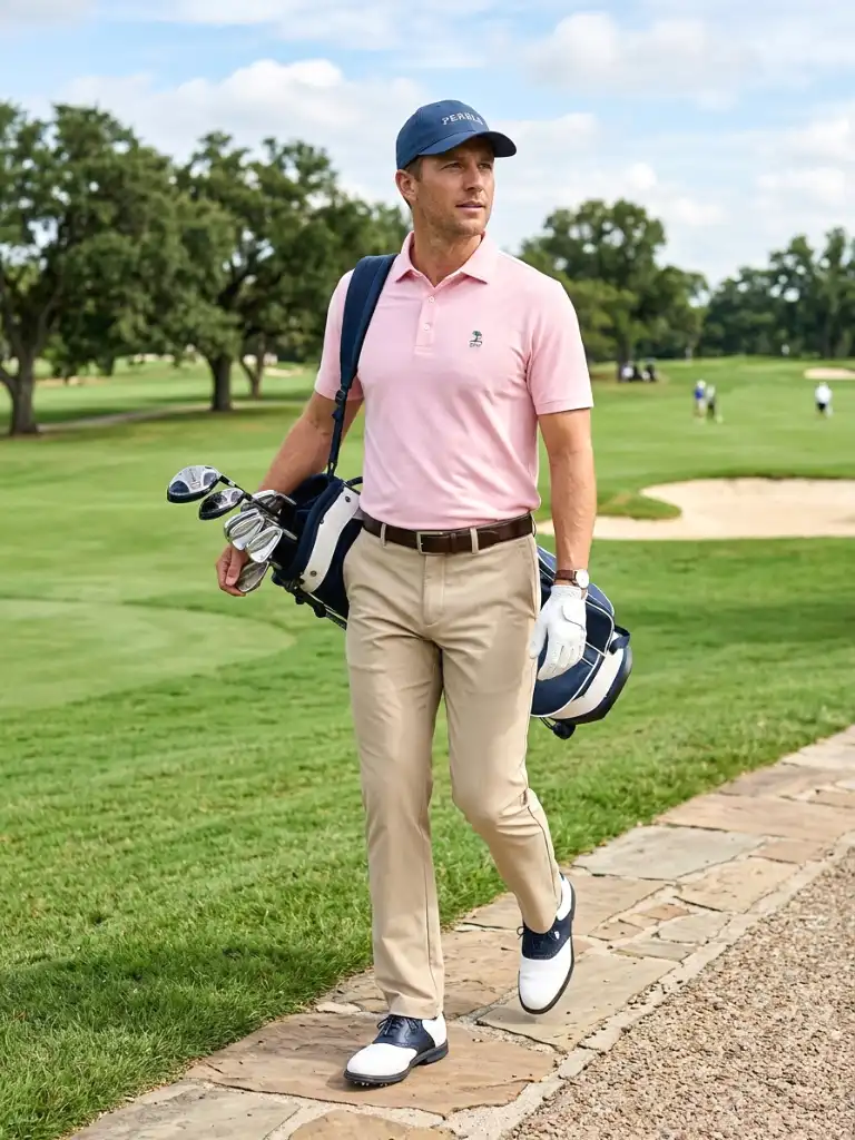 11. Pastel Pink Polo with Beige Pants