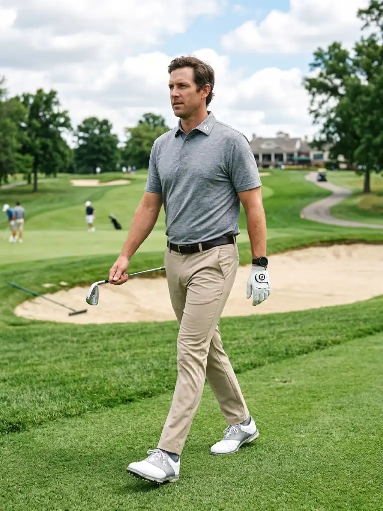 12. Heather Grey Polo with Beige Pants