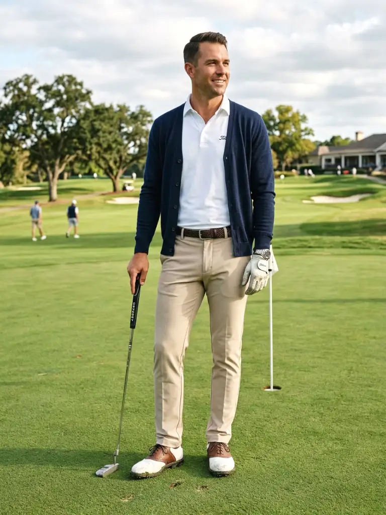 15. Fine-Knit Cardigan with Beige Pants
