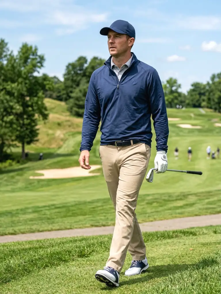 16. Beige Pants with a Golf Windbreaker