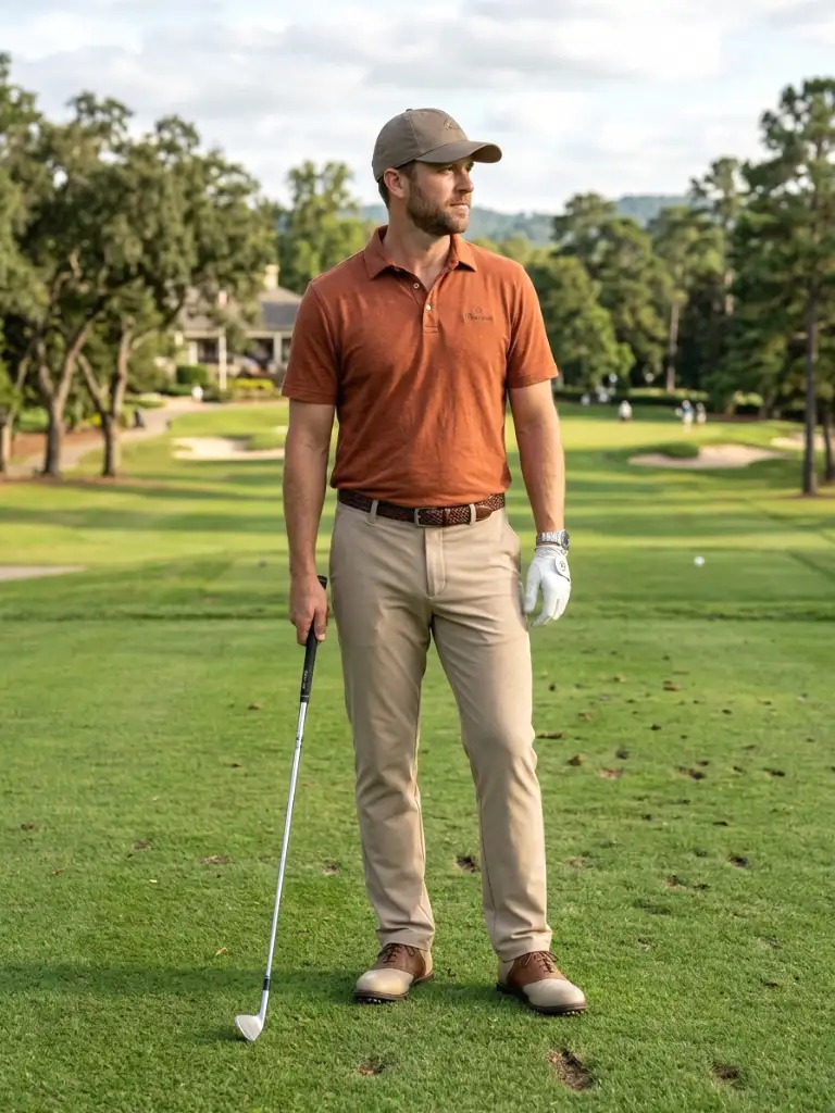 18. Rust Polo and Beige Pants Earth-Tone Combo
