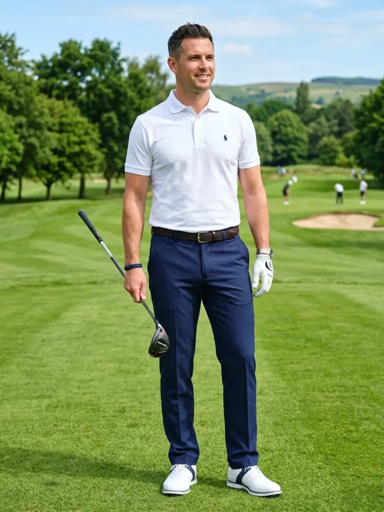 2. Crisp White Polo with Navy Golf Trousers