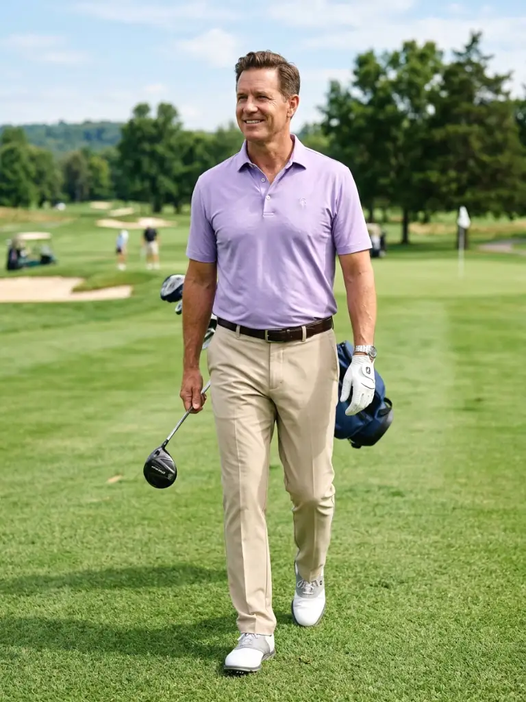 20. Lavender Polo with Beige Pants