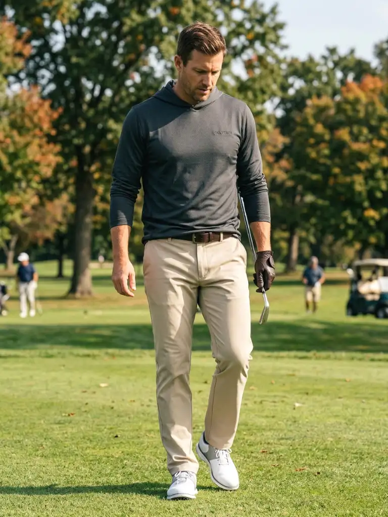 21. Performance Golf Hoodie with Beige Pants