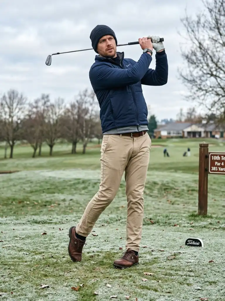 24. Winter Golf Outfit with Beige Pants