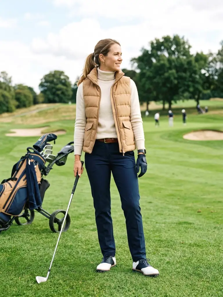 4. Camel Puffer Vest Over a Cream Turtleneck
