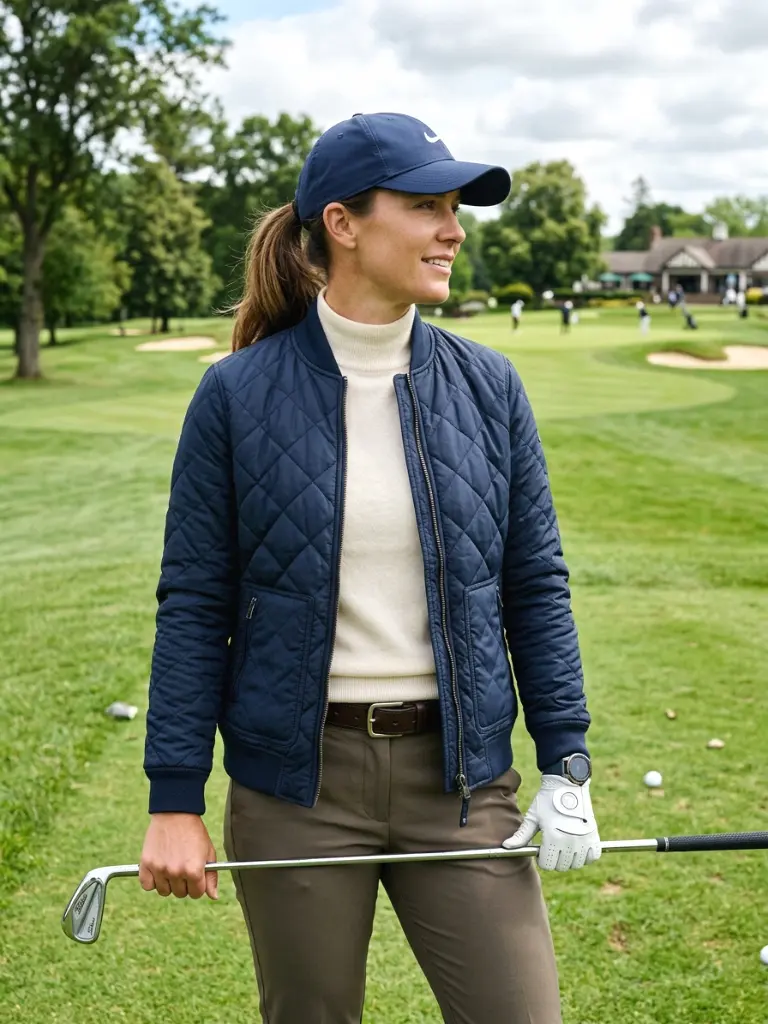5. Navy Quilted Jacket & Cream Mock-Neck