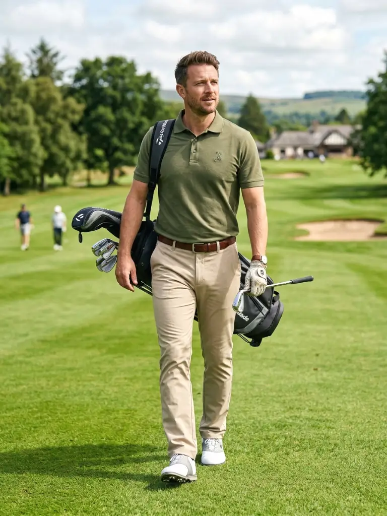 6. Olive Polo with Beige Golf Trousers