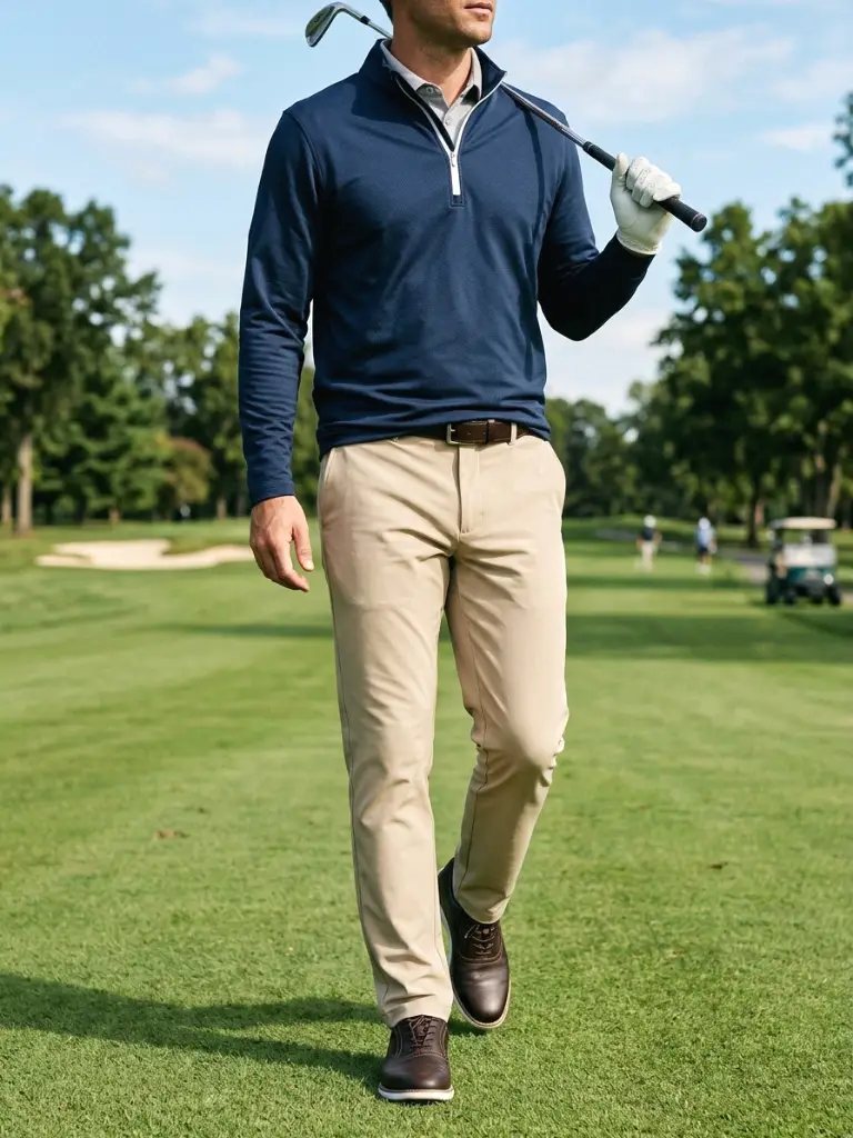 7. Quarter-Zip Layer Over Beige Pants