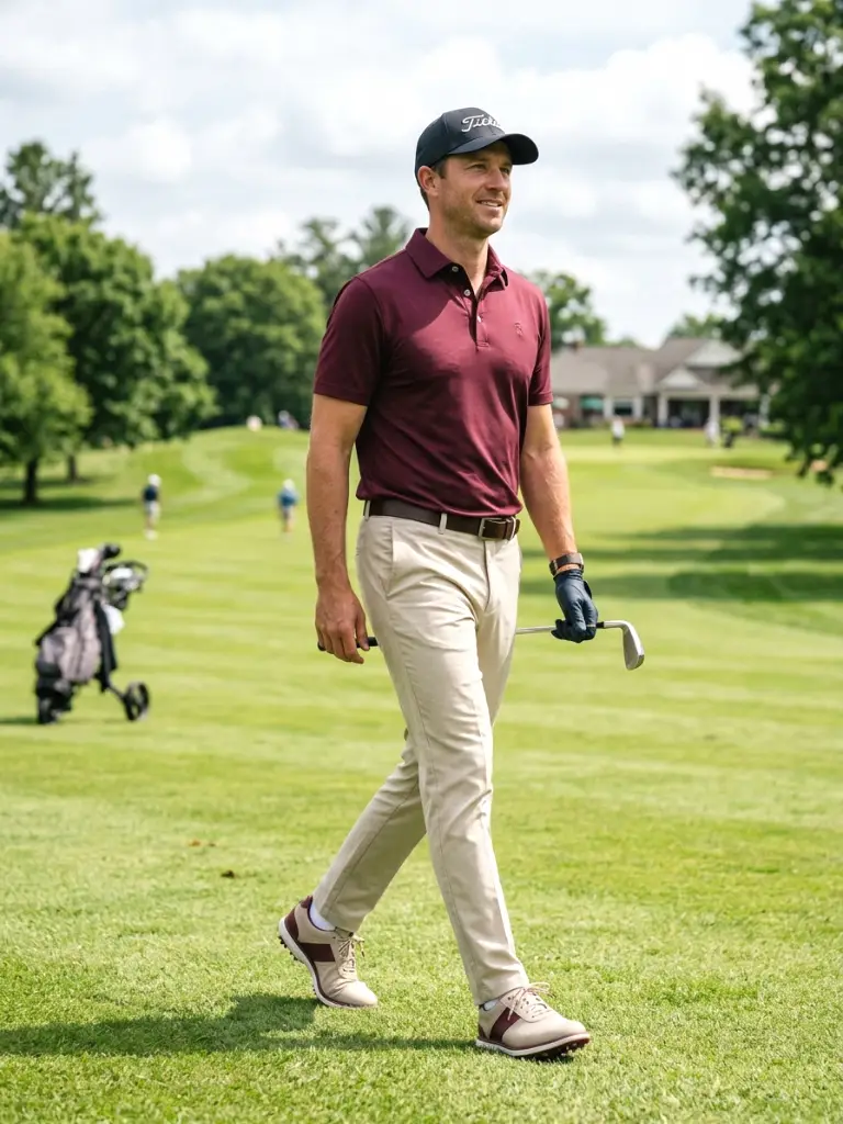 8. Beige Pants with a Burgundy Polo