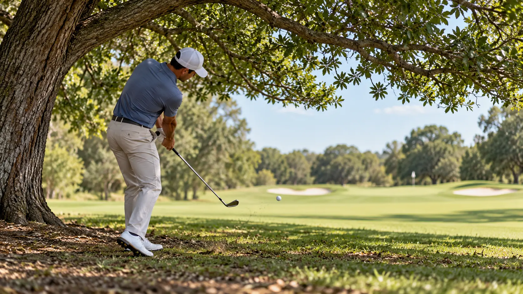 low punch shot under tree branches