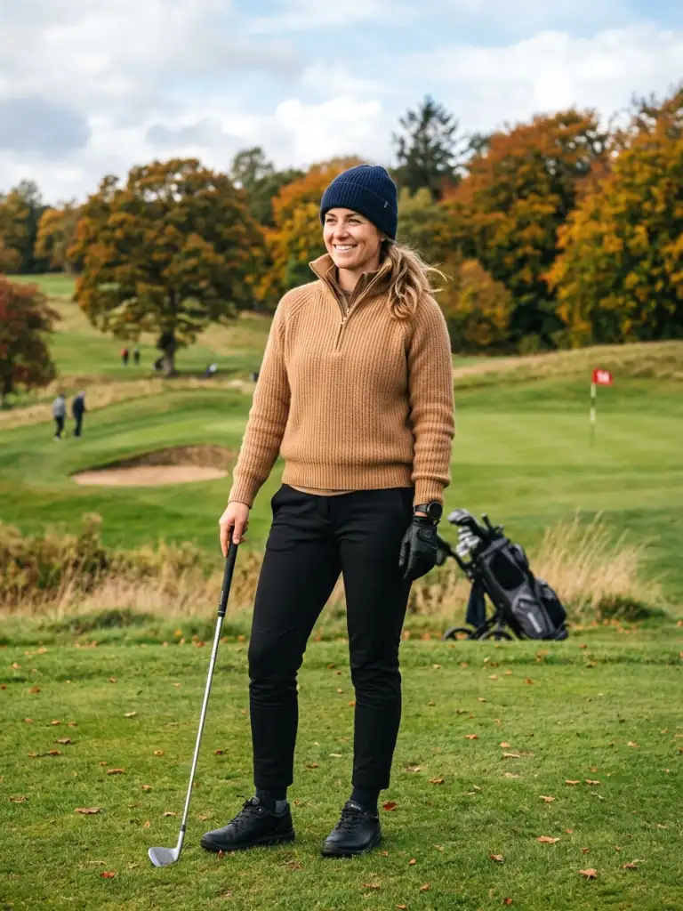 black thermal trousers and a camel knit quarter-zip