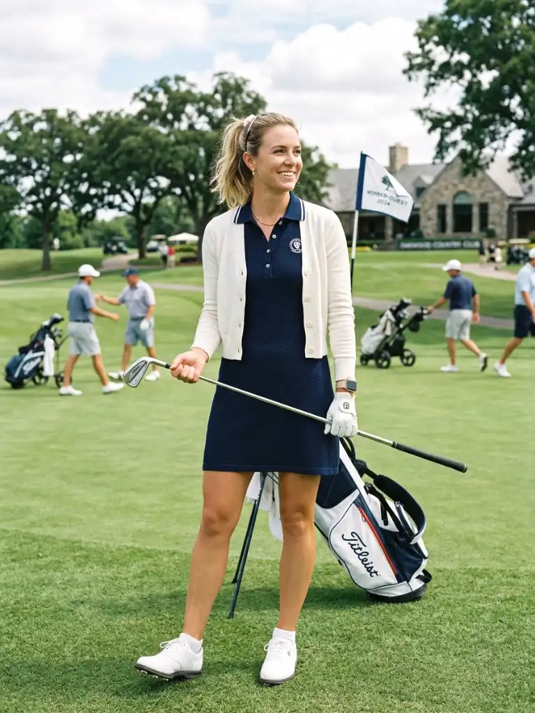 formal member-guest look: collared knit dress with cropped cardigan