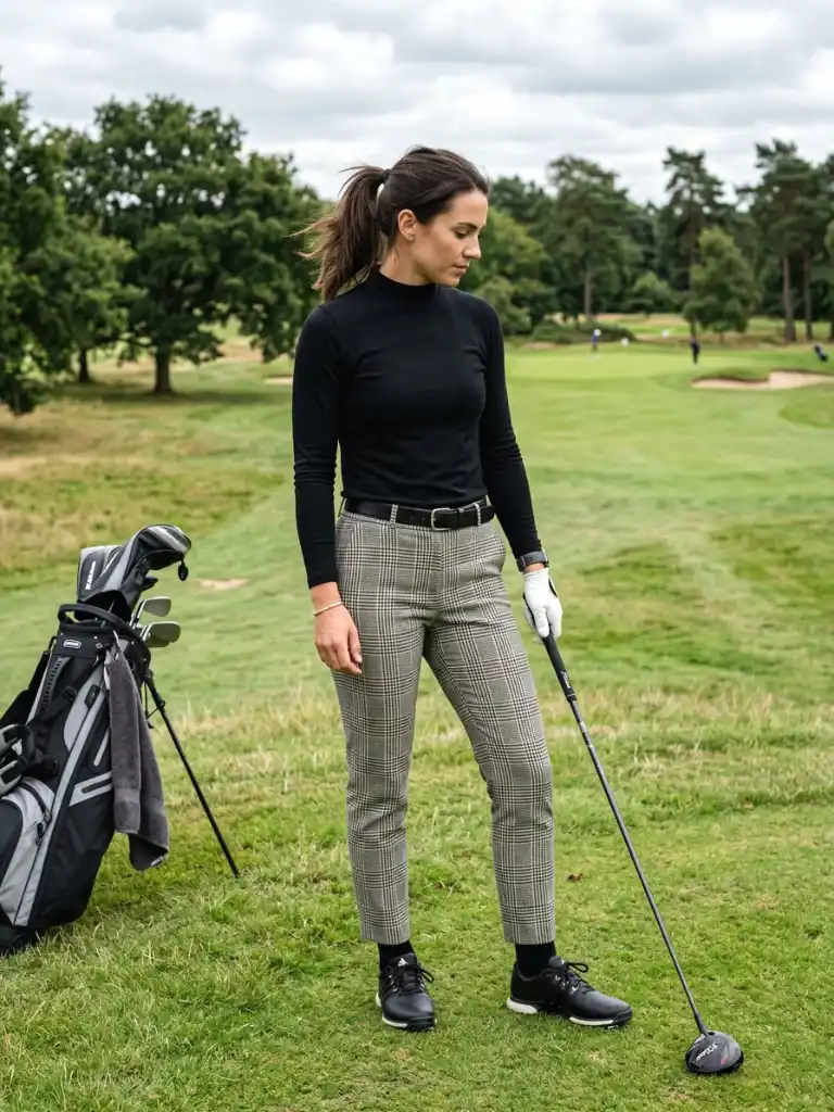 glen check golf trousers with a black mock neck