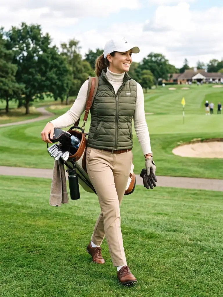 olive quilted gilet, cream turtleneck and tan trousers