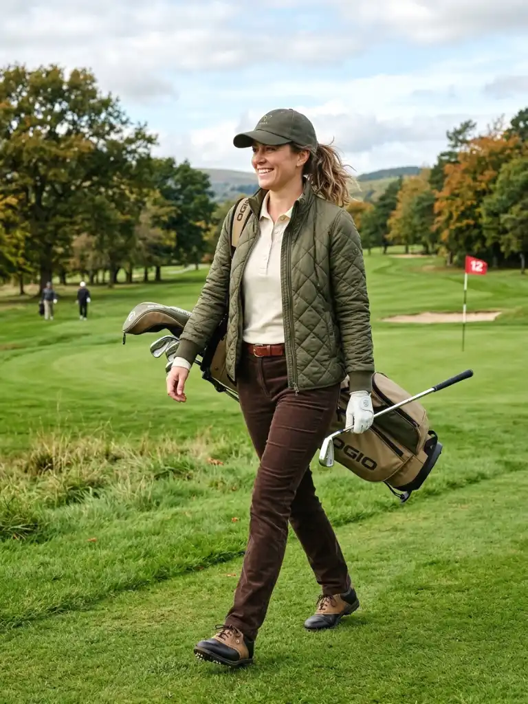 olive quilted jacket with brown corduroy-look trousers