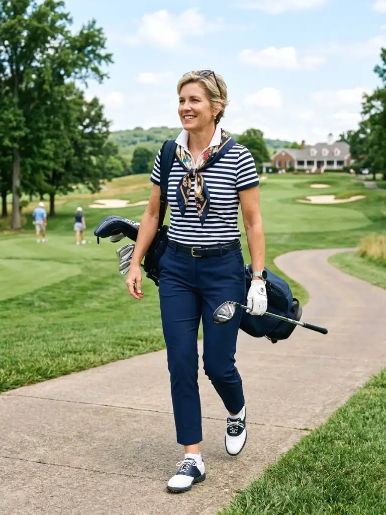 silk scarf accent look with navy trousers and a striped polo