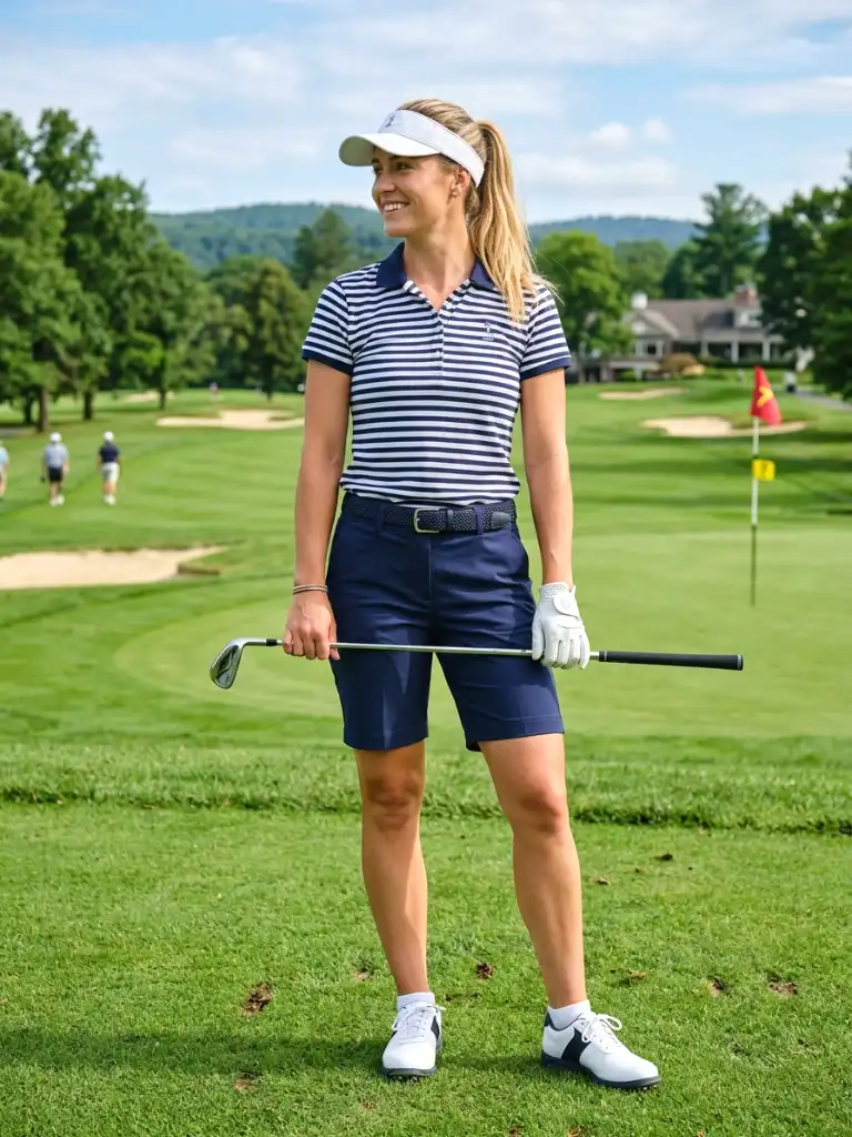 striped polo and navy bermuda shorts