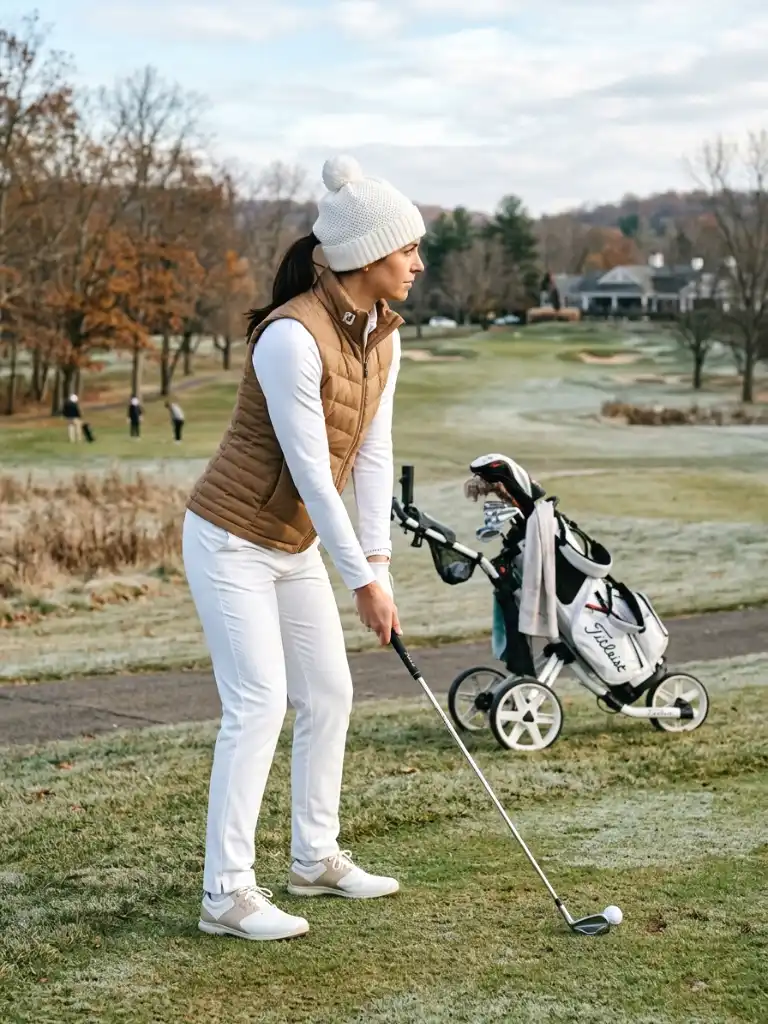 winter white with a camel vest